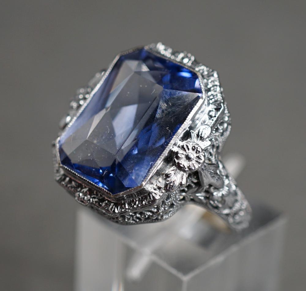 Appraisal: Tested -Karat White-Gold and Simulated Blue Stone Ring gross dwt