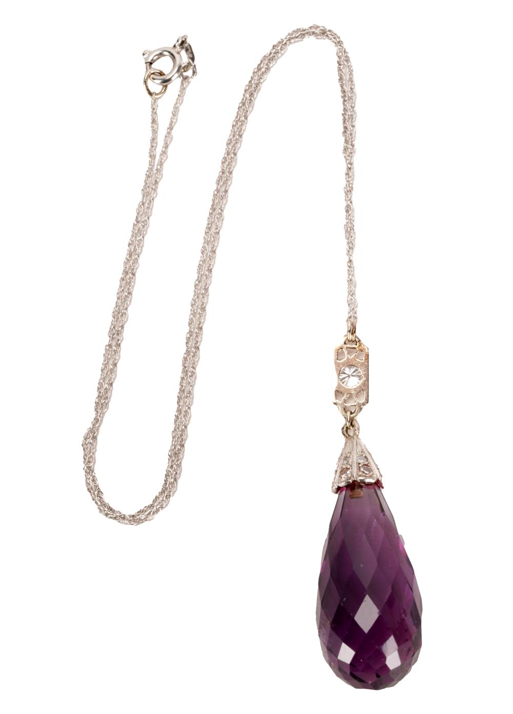 Appraisal: PLATINUM DIAMOND AMETHYST NECKLACEEdwardian-style containing one briolette cut amethyst weighing