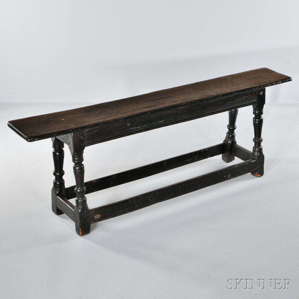 Appraisal: Black-painted Bench England th century with carved apron and splay