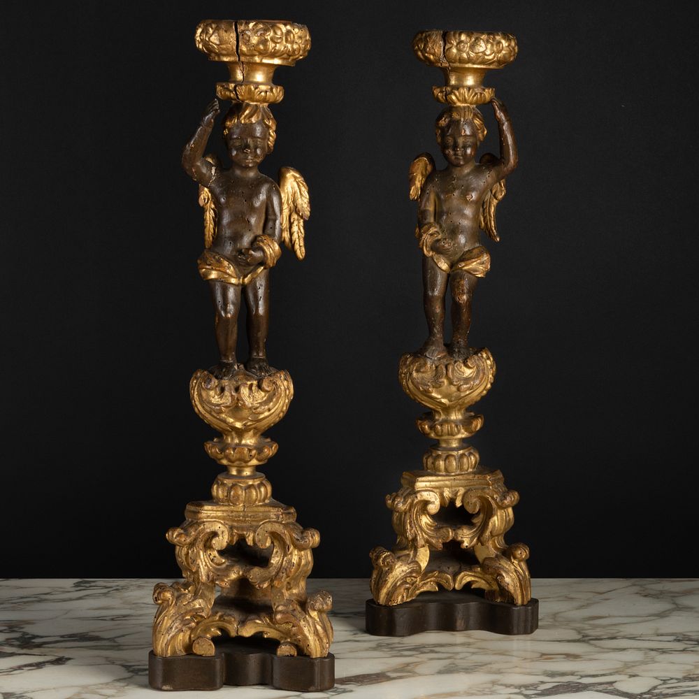 Appraisal: Pair of Italian Baroque Painted and Parcel-Gilt Cherub-Form Altar Candlesticks