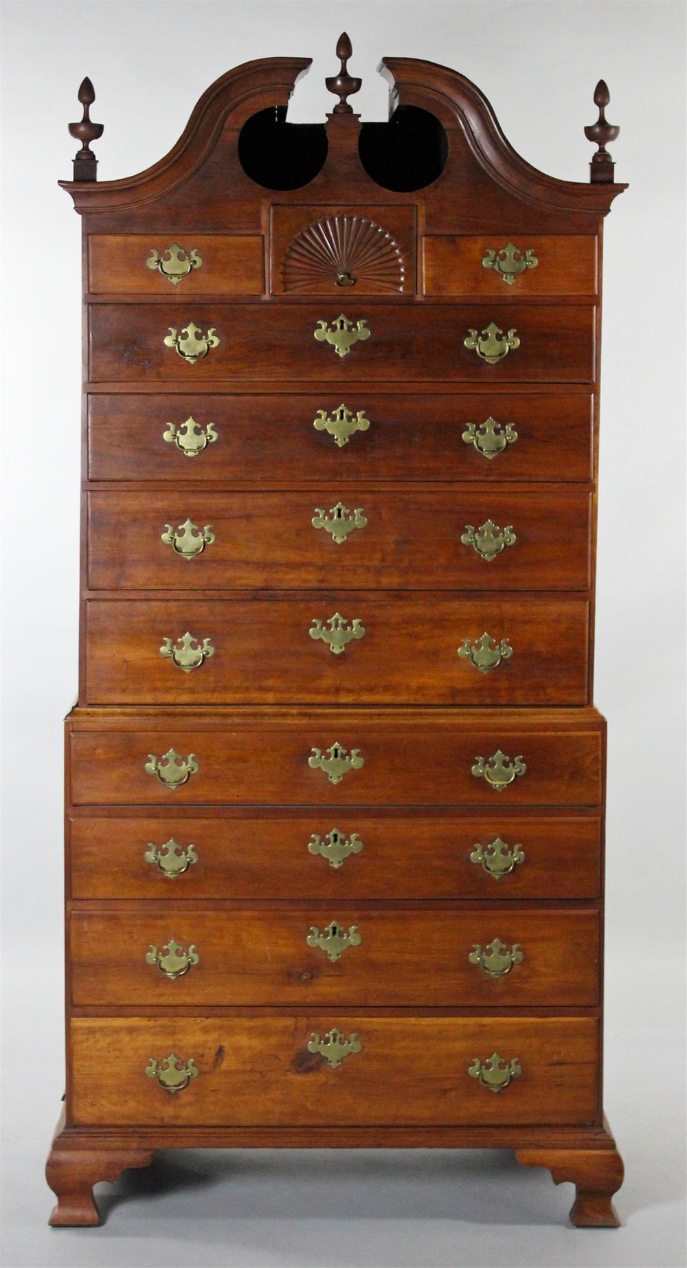 Appraisal: FINE CHIPPENDALE CARVED CHERRYWOOD BONNET TOP CHEST ON CHEST CIRCA