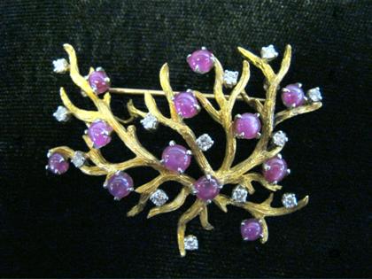 Appraisal: karat yellow gold ruby and diamond branch form broochTwelve platinum