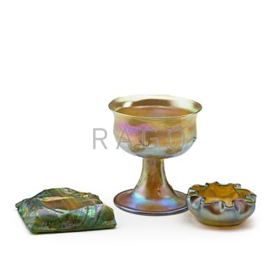 Appraisal: TIFFANY STUDIOS Three Favrile glass pieces sherbert cup salt turtleback