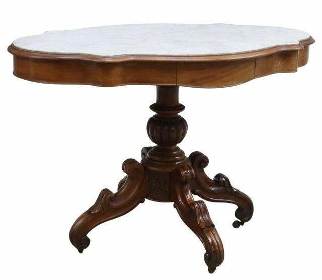 Appraisal: French Napoleon III period marble-top mahogany pedestal table mid th