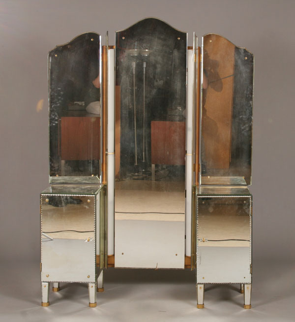 Appraisal: Art Deco mirrored vanity arched tri-fold mirror with two chests