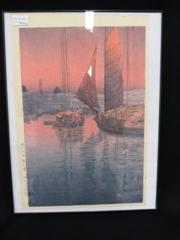 Appraisal: Japanese Woodblock Print harbor at sunset signed unframed image area