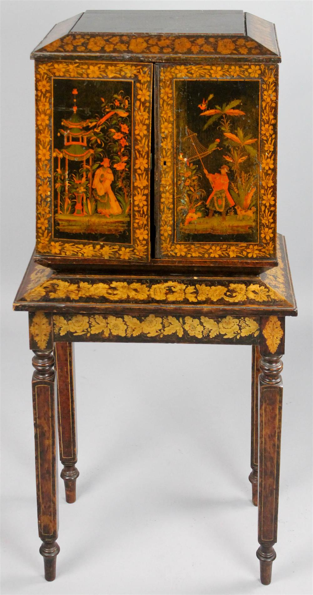 Appraisal: BLACK JAPANNED CURIOSITY CABINET ON VICTORIAN STAND having a rectangular