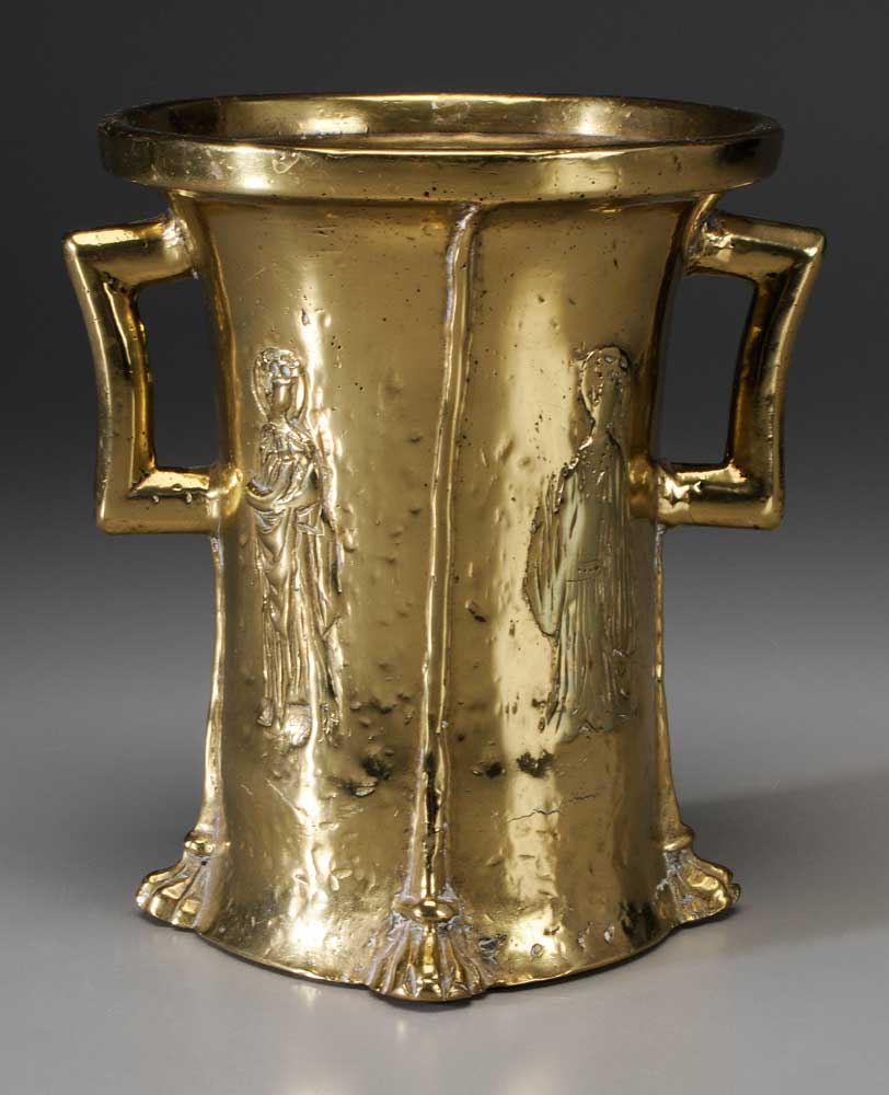 Appraisal: Heavy Brass Bucket th century two handles panels with ecclesiastical