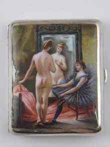 Appraisal: A German standard silver cigarette case with erotic enamel scene