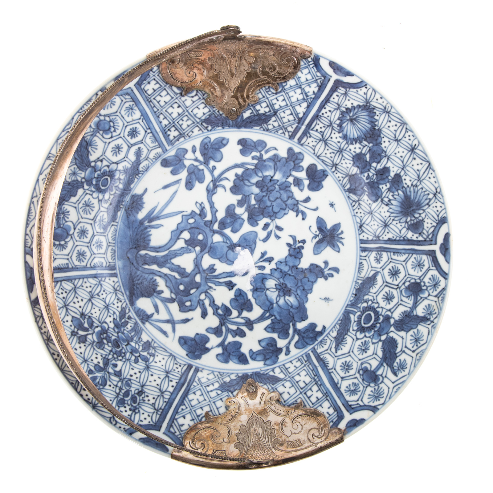 Appraisal: CHINESE EXPORT SILVER MOUNTED PORCELAIN PLATE Kang Xi circa floral