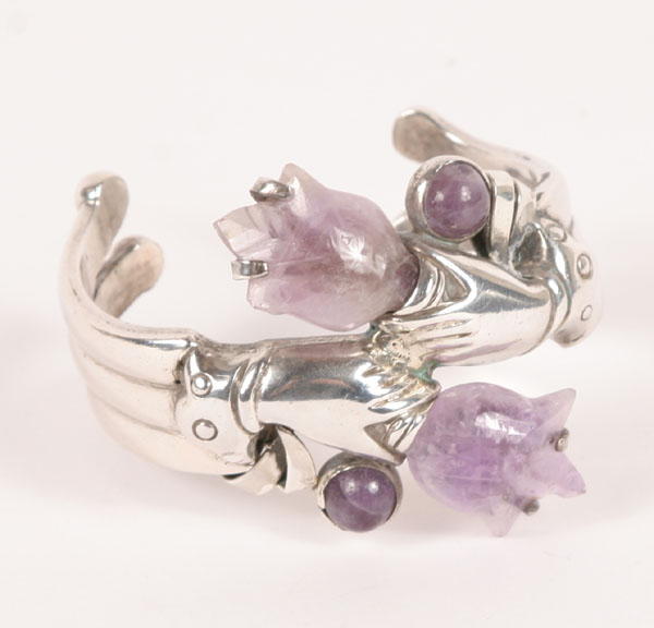 Appraisal: William Spratling Mexican silver and carved amethyst cuff bracelet ca