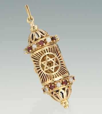 Appraisal: A Gold Mezuzah Pendant With Garnets and Pearls k yellow