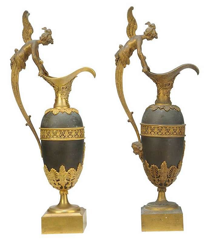 Appraisal: Pair Directoire Ormolu Patinated Bronze Ewers French th century each