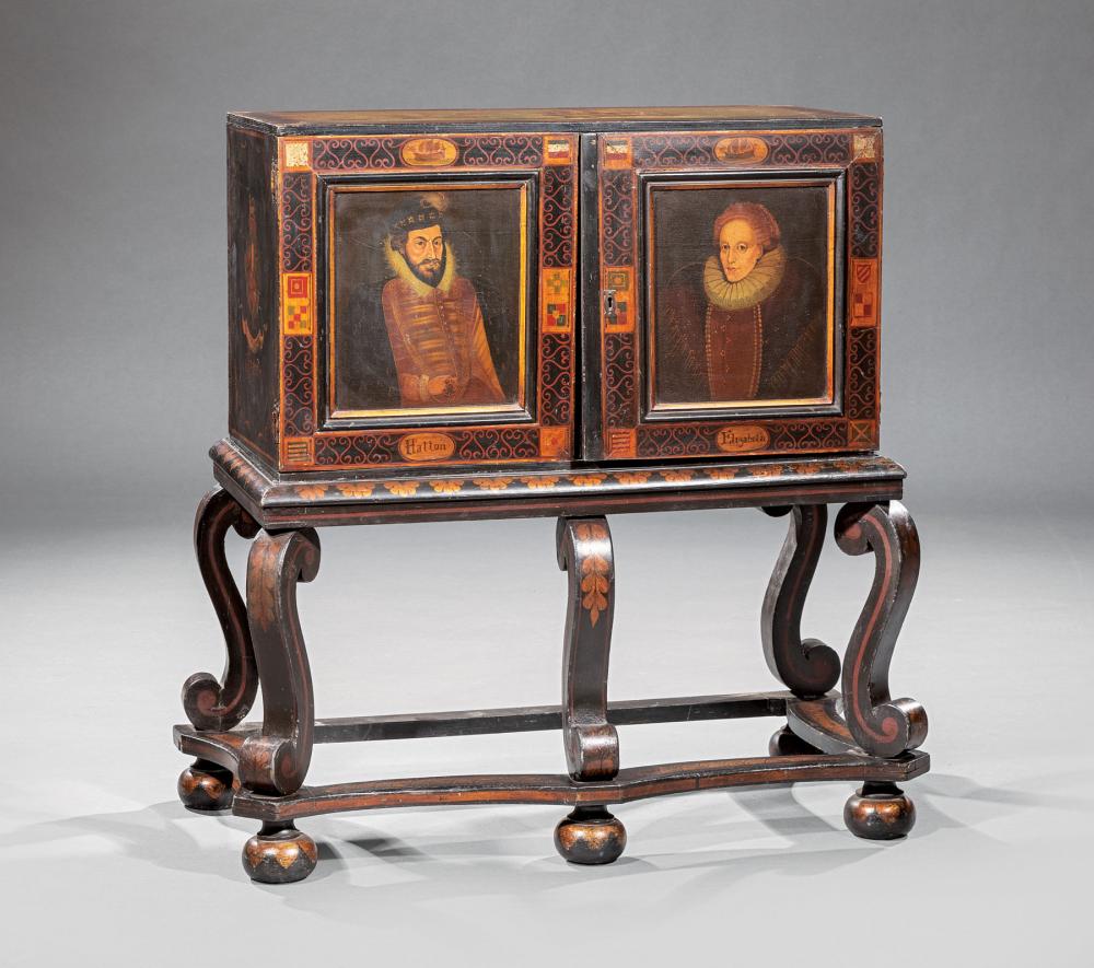 Appraisal: Elizabethan-Style Painted and Parcel Gilt Cabinet on Stand top depicting