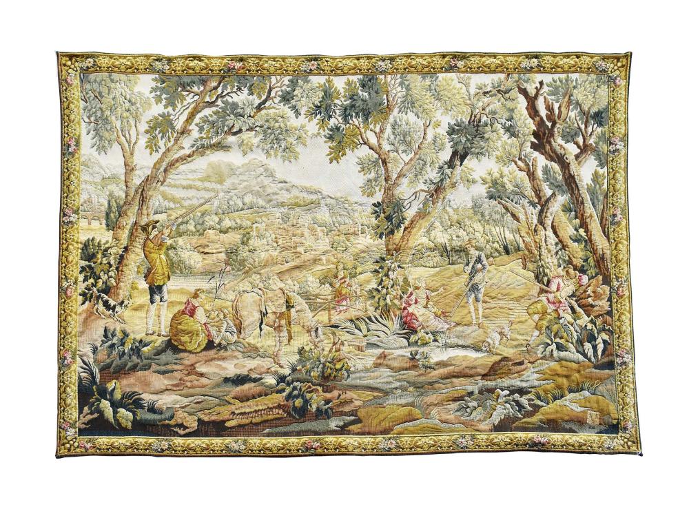 Appraisal: AUBUSSON WOODLAND HUNT TAPESTRYModern Depicting hunters with maidens and their