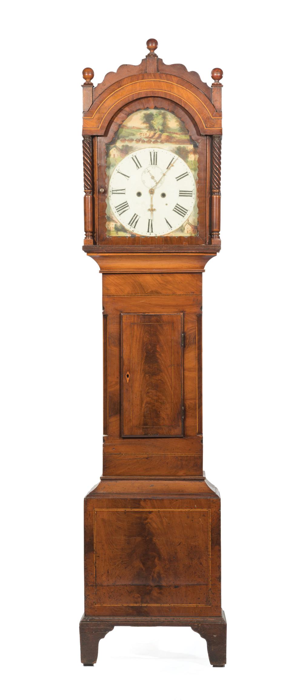 Appraisal: English Inlaid Mahogany Tall Case Clock th c dial painted