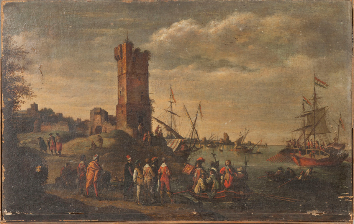 Appraisal: th century Painting of Boats in Harbor Oil canvas