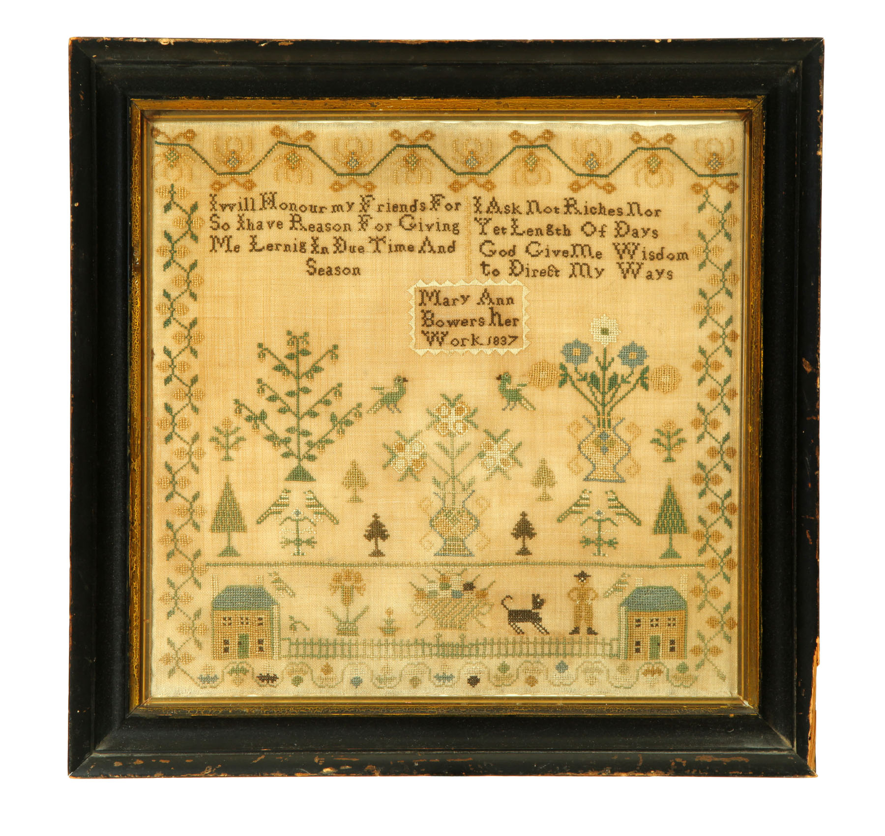 Appraisal: SAMPLER American silk on linen Large motifs of potted flowering