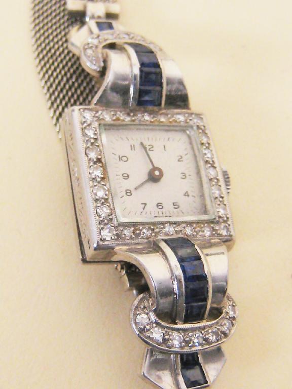 Appraisal: A Diamond and Sapphire Cocktail Watch the square dial with