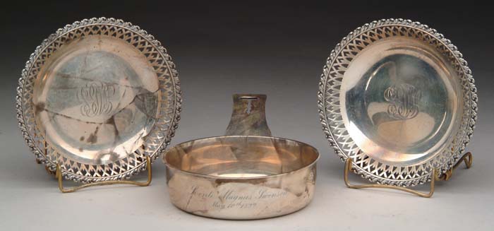 Appraisal: THREE PIECES OF TIFFANY STERLING HOLLOWARE Handled round porringer pan