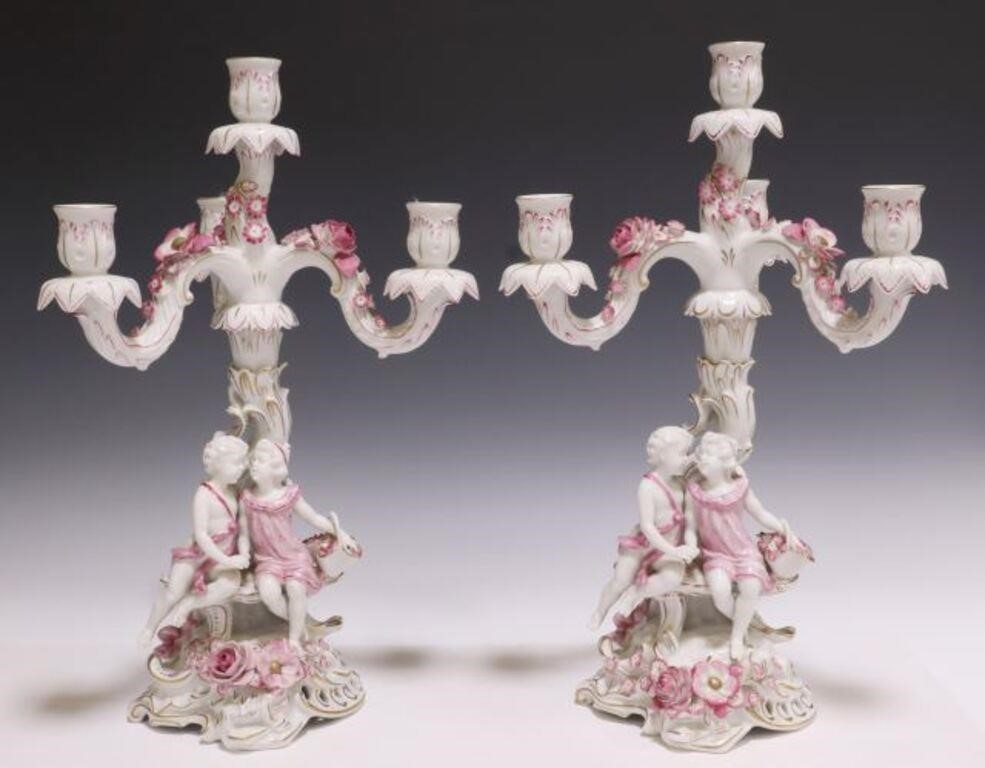 Appraisal: pair Dresden style parcel gilt porcelain candelabra having four candle