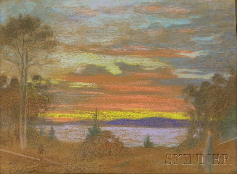 Appraisal: Framed Pastel on Paper Board Landscape at Sunset Anquish on