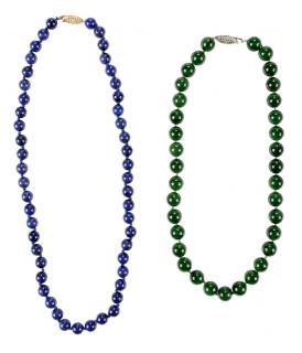 Appraisal: Two Hardstone Bead Necklaces knotted green hardstone beads approx mm