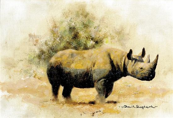 Appraisal: David Shepherd British b RHINO GREEN STONE oil on canvas