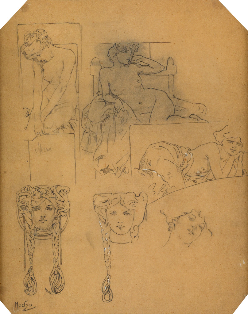 Appraisal: ALPHONSE MUCHA - FIGURES D CORATIFS Sheet of preparatory sketches