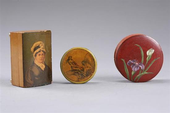 Appraisal: THREE SNUFF BOXES European th century papier mache Includes a