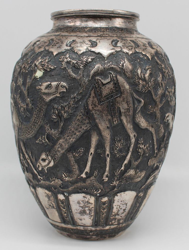 Appraisal: SILVER th C Iranian Silver Vase Iranian silver vase with