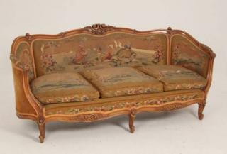 Appraisal: LOUIS XV STYLE CARVED WALNUT CANAPE COVERED IN FINE NEEDLEPOINT