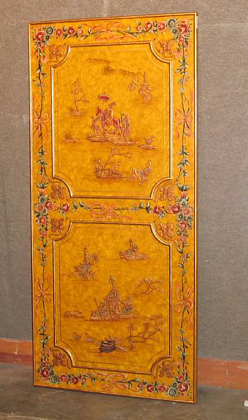 Appraisal: A Japanned wall panel depicting figures in a landscape modern