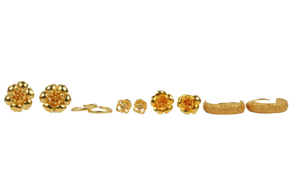 Appraisal: FIVE PAIRS OF HIGH KARAT YELLOW GOLD EARRINGScomprising two sets