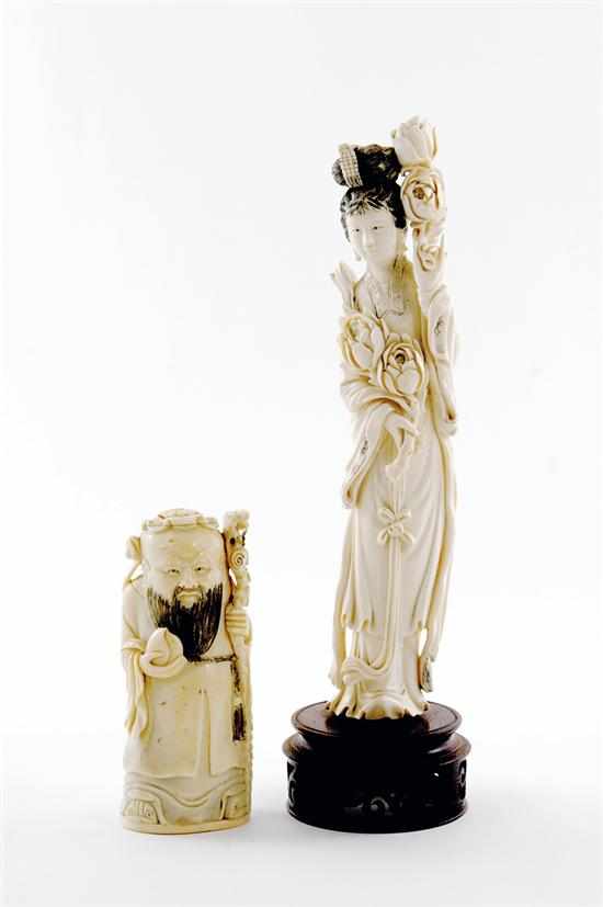 Appraisal: Chinese carved ivory figures th century standing sage with scepter