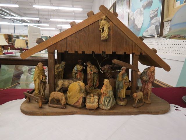 Appraisal: Nativity Set Creeche pcs painted faux wood composition x