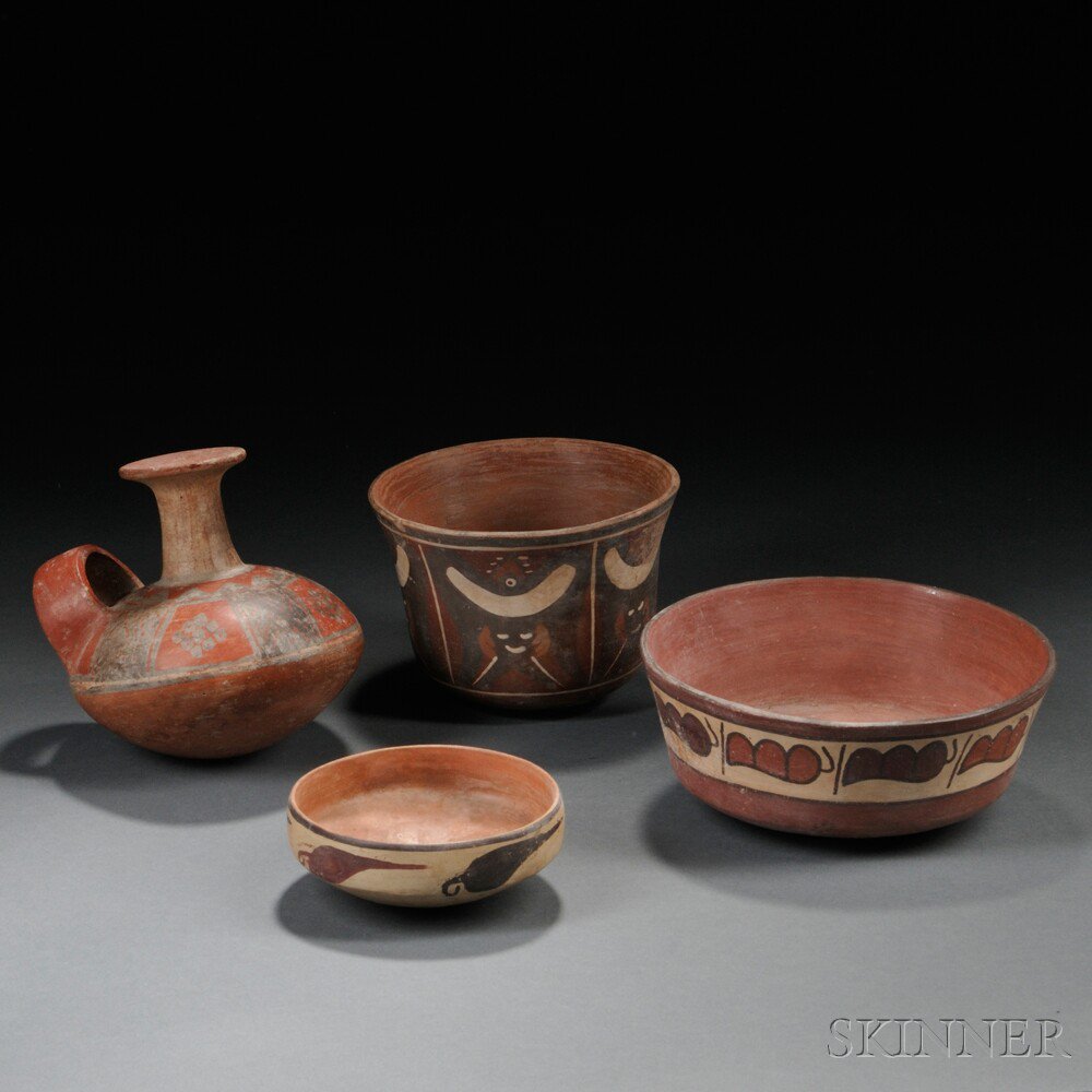 Appraisal: Four Pre-Columbian Polychrome Pottery Items three Nasca bowls with vegetable