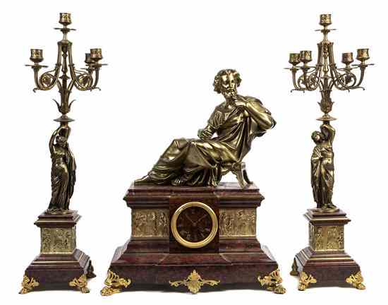 Appraisal: A Three-Piece Gilt Bronze and Rouge Marble Clock Garniture after