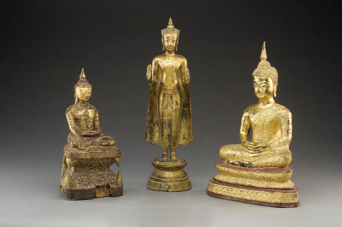 Appraisal: THAI GILT-BRONZE FIGURE OF BUDDHA SEATED CROSS-LEGGED UPON CUSHIONS Height