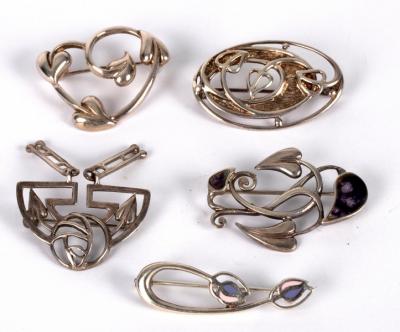 Appraisal: Five Charles Rennie Mackintosh style brooches one with Edinburgh hallmarks