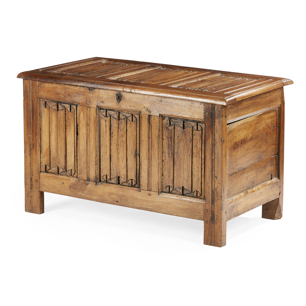 Appraisal: FRENCH OAK COFFER TH CENTURY the hinged top with triple