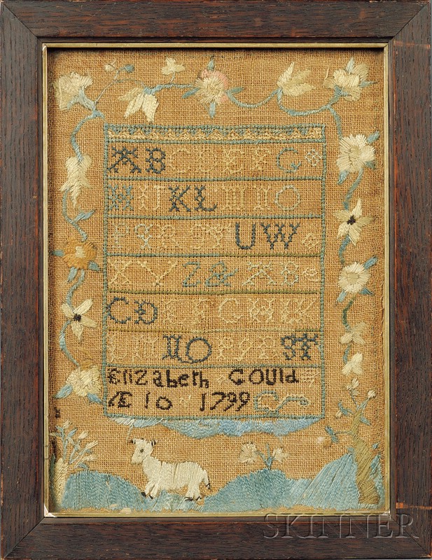 Appraisal: Small Needlework Sampler Elizabeth Gould AE worked in silk threads