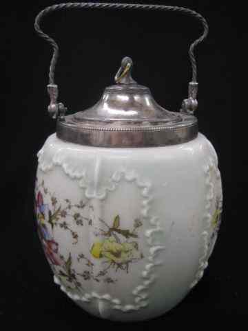 Appraisal: Wavecrest Victorian Art Glass Biscuit Jar floral decor silverplate top