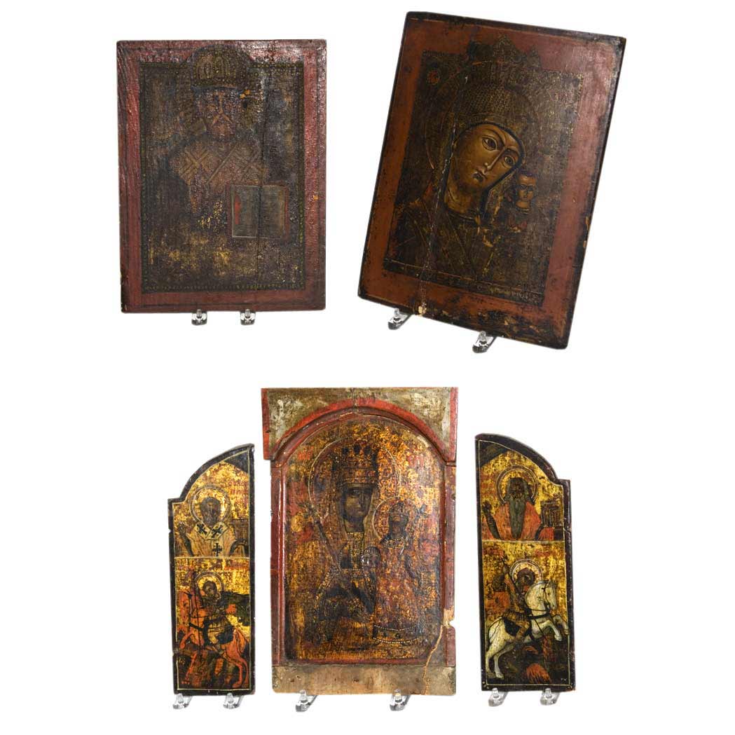 Appraisal: Group of Three Continental Polychrome Decorated Icons th th Century