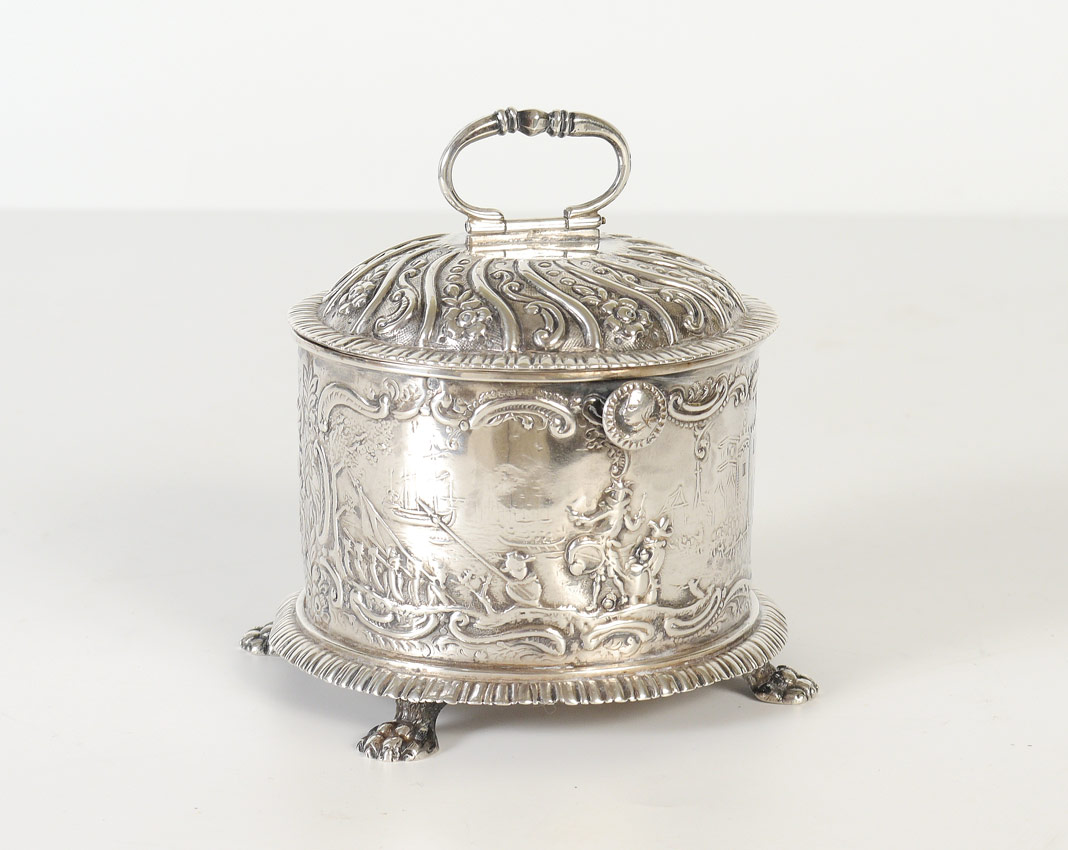 Appraisal: DUTCH SILVER REPOUSSE COVERED BOX Hinged lid with handle and