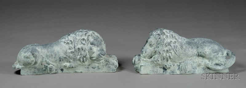 Appraisal: Pair of Ornamental Zinc Lion Figures th century modeled recumbent