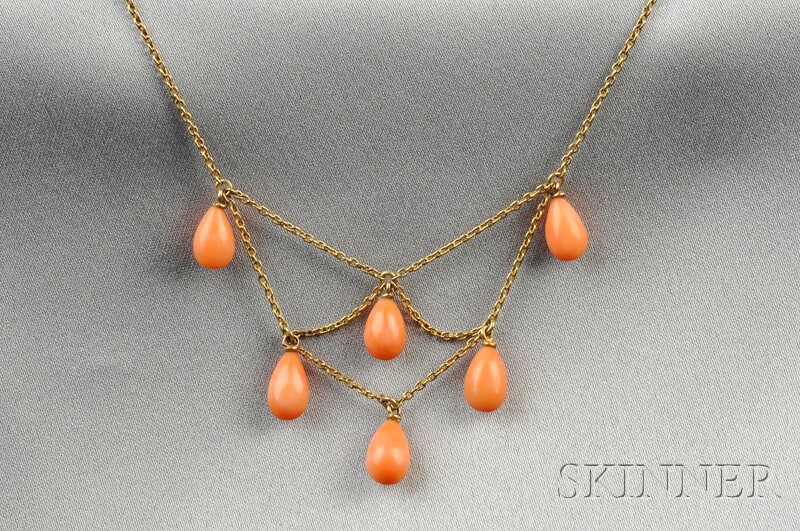 Appraisal: Art Nouveau kt Gold and Coral Bib Necklace the coral