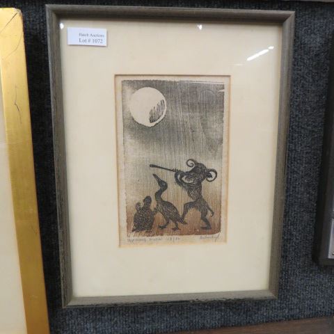 Appraisal: Helen Siegl woodcut Waning Moon animals dancing image area x