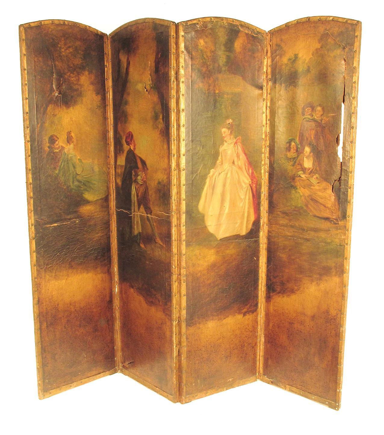 Appraisal: A painted leather four fold screen