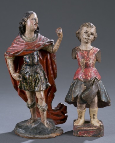 Appraisal: Two Ca Polychrome Santos Figures Including carved wood figure of